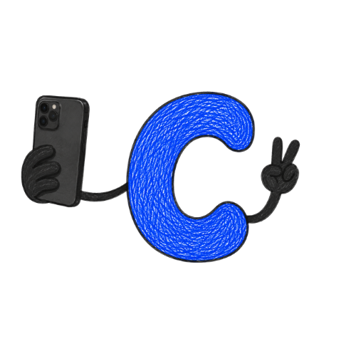 $CONTENT mascot: a blue rope-textured letter C holding a phone and throwing a peace sign